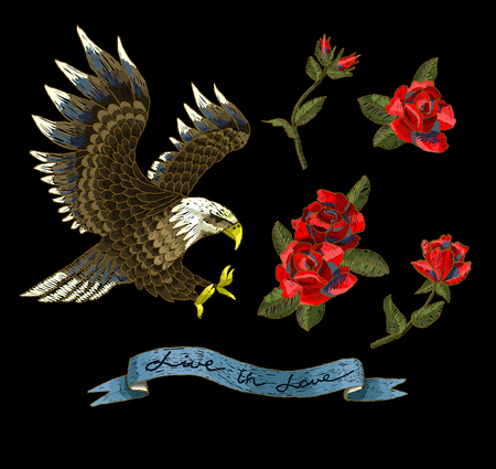Embroidery with roses and an eagle-symbol of freedom.のイラスト素材