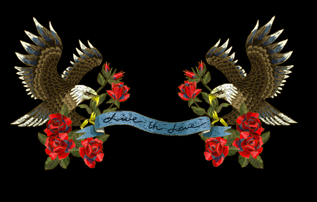 Embroidery with roses and an eagle-symbol of freedom.のイラスト素材
