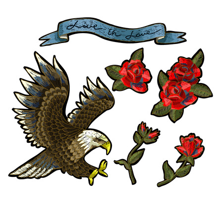 Embroidery with roses and an eagle-symbol of freedom.のイラスト素材