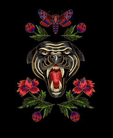 Panther, butterfly and flowers embroidery patchのイラスト素材