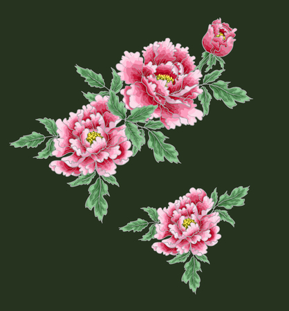 Peony flower of Japanese style. Patches for embroidery or textile print on green background.のイラスト素材