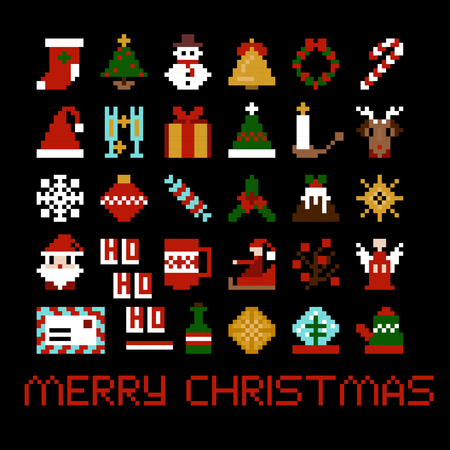 Set of vector pixel art christmas icons. Santa, star, candy, deer, snowflake and other in 8-bitのイラスト素材