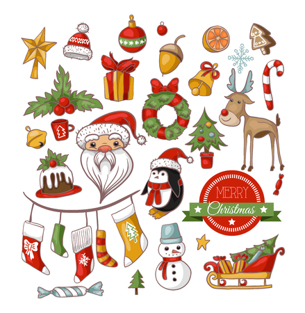 Christmas holiday pattern with santa, bells and candy. Hand drawing vector illustrationのイラスト素材