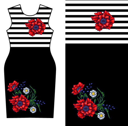 Design dress with red poppy and chamomile.のイラスト素材