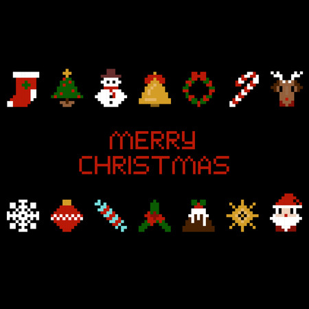 Set of vector pixel art christmas icons. Santa, star, candy, deer, snowflake and other in 8-bitのイラスト素材