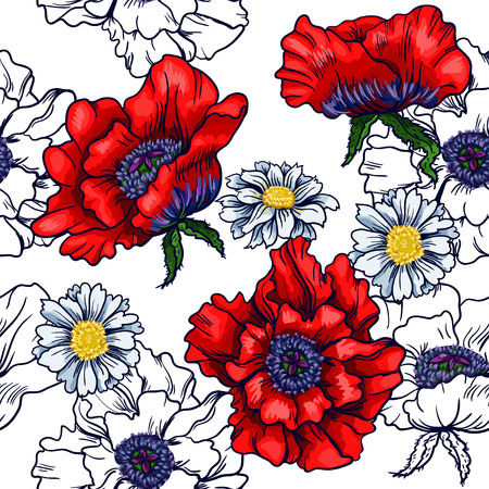 Poppy and camomile on white background. Seamless background pattern.のイラスト素材