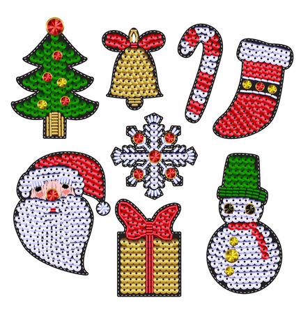 Set of christmases patches with sequins. Snowflake, candy, bell, Santaのイラスト素材