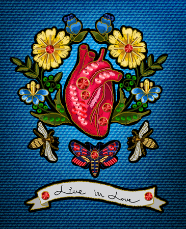 Embroidery in the form of heart with flowers and insects.のイラスト素材
