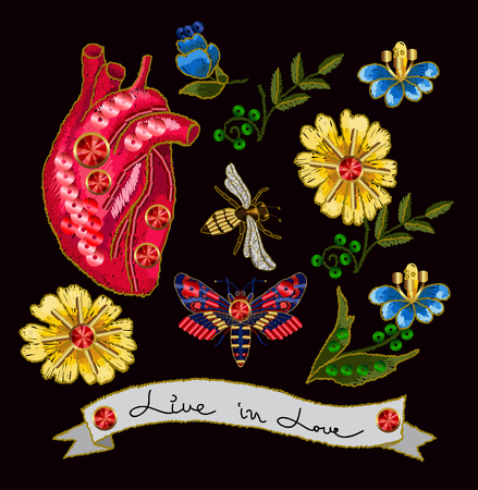 Embroidery in the form of heart with flowers and insects.のイラスト素材