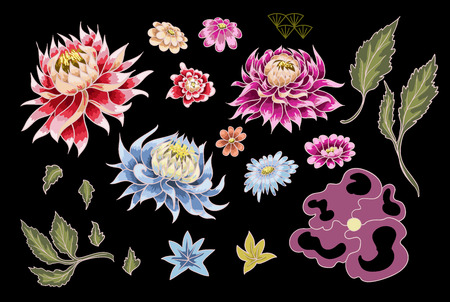 Set of painted flowers asters. Japanese style. For textile design or printing.のイラスト素材