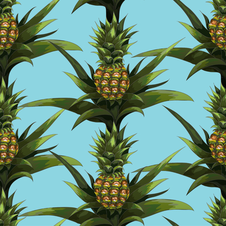 Summer seamless pattern with hand-drawn pineapple on a blue background.のイラスト素材