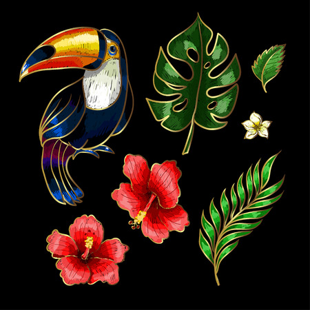 Toucan and tropical flowers and leaves embroideryのイラスト素材
