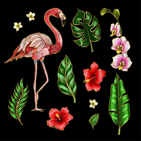 Flamingo and flowers embroidery patchesのイラスト素材
