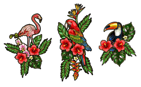 Flamingo, parrot, toucan embroidery patches with bouquet of flowersのイラスト素材