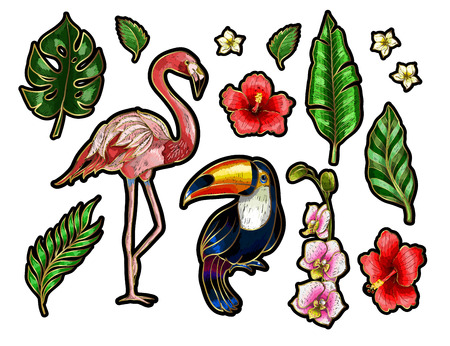 Flamingo, toucan, leaves and flowers embroidery patches designのイラスト素材