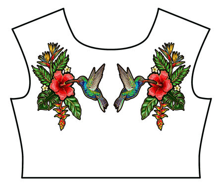 Tropical birds embroidery patches design t-shirt.のイラスト素材