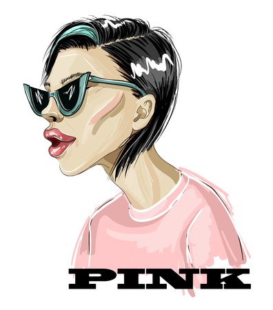 fashion girl in pink t-shirt and trendy sunglasses. Vector illustration.のイラスト素材