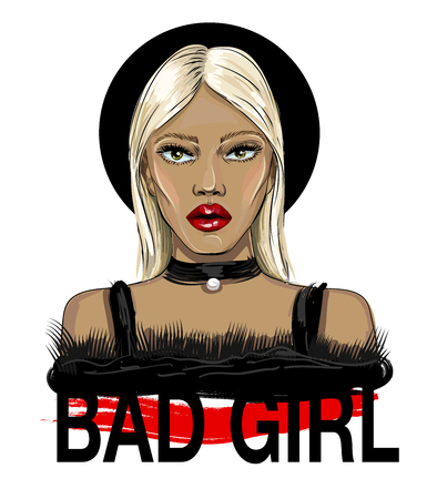 Fashion blond hair girl face with an inscription bad girl.のイラスト素材