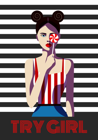 Girl with candy on a striped background. Fashionable simple illustration.のイラスト素材