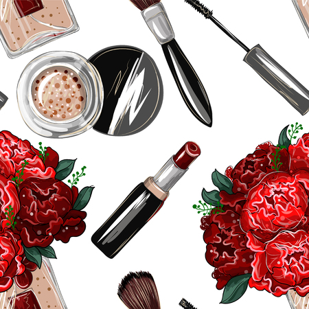 Seamless pattern with bouquet of roses, lipstick, brush, mascara, perfume.のイラスト素材