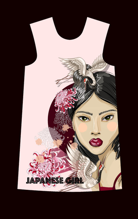 Design dress with fashion Japanese girl, cranes and flowers.のイラスト素材