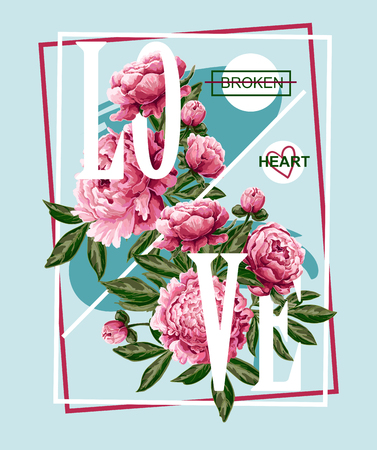 Print for t-shirt or poster with pink peonies and slogan.のイラスト素材