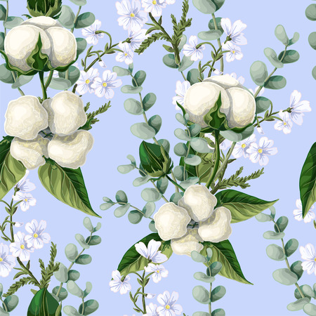 Seamless pattern with  cotton flowers, eucalyptus branches on a blue background.のイラスト素材