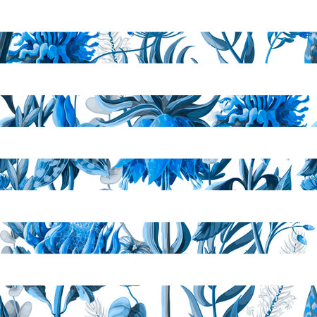 Striped seamless pattern with tropical flowers in blue color.のイラスト素材