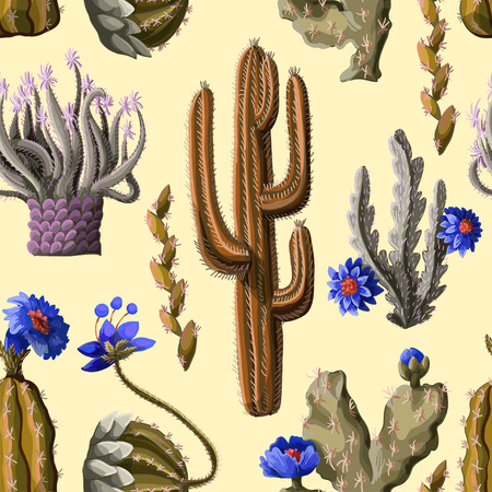 Seamless pattern with cactus and flowers on yellow background.のイラスト素材