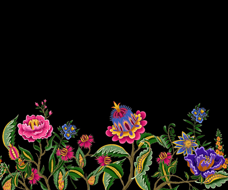 Seamless border with Indian ethnic ornament elements. Folk flowers and leaves for print or embroidery.のイラスト素材