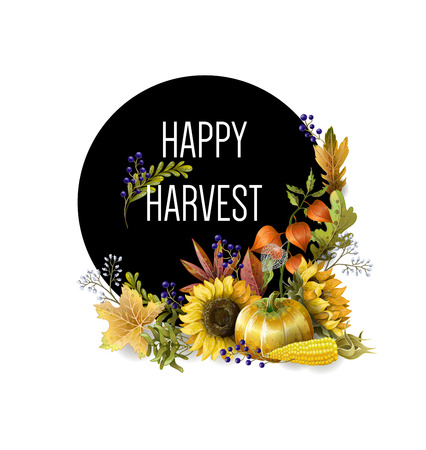 Greeting banner of Harvest holiday with autumn leaves, fruits, berries and vegetables.のイラスト素材