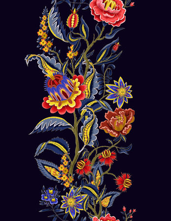 Seamless border with Indian ethnic ornament elements. Folk flowers and leaves for print or embroidery.のイラスト素材
