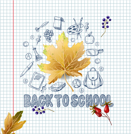 Banner with realistic leaves and school supplies, such as a backpack, book, laptop, globe and others, drawn pen on a notebook.のイラスト素材