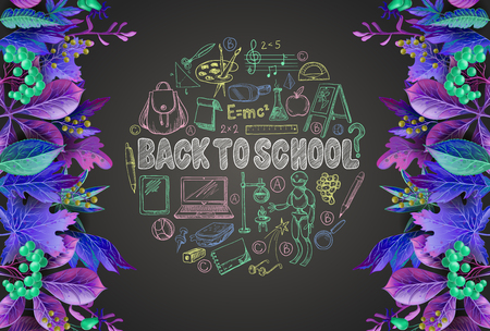 Banner back to school with realistic leaves and school supplies, such as a backpack, book, laptop, globe and others, drawn chalk on a blackboard.のイラスト素材