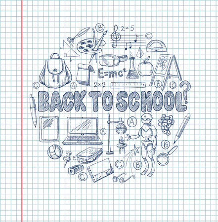 Banner with school supplies, such as a backpack, book, laptop, globe and others, drawn pen on a notebook.のイラスト素材