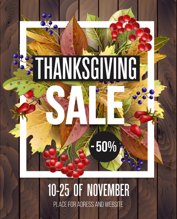 Thanksgiving Sale poster with autumn leaves  on wood background.のイラスト素材