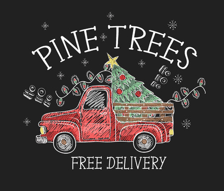 Banner of  Christmas sale with red pickup and tree painted colored chalk on blackboard.のイラスト素材