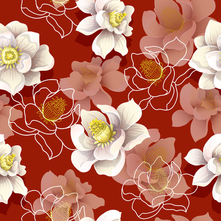 Seamless pattern with magnolia flowers on a red background.のイラスト素材