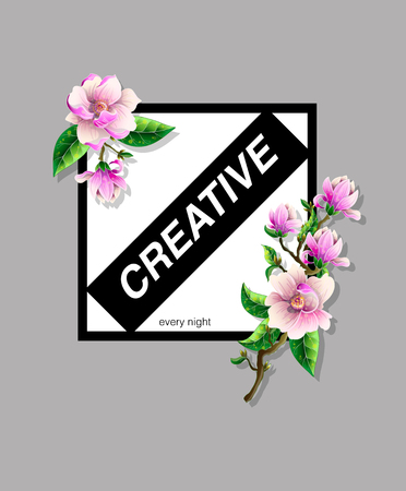 Design t-shirt with magnolia flowers and slogan.のイラスト素材