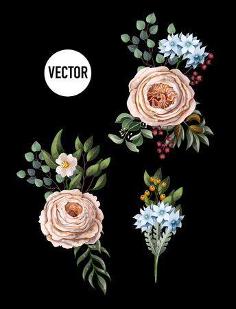 Set of bouquets with peachy English roses and other flowers isolated.のイラスト素材