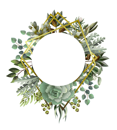 Circle frame with leaves, succulent and golden elements in watercolor style. Eucalyptus, magnolia, fern and otherのイラスト素材