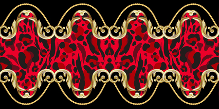 Seamless border with leopard skin and golden baroque elements.のイラスト素材