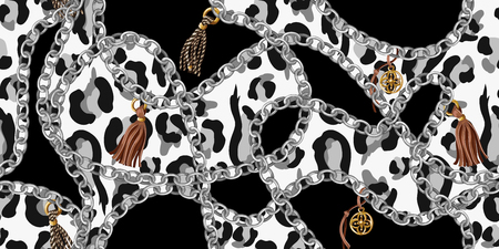 Trendy seamless pattern with chains on leopard skin. Vector.のイラスト素材