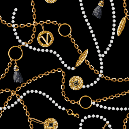 Seamless pattern with chains, coins, feather and jewelry.のイラスト素材