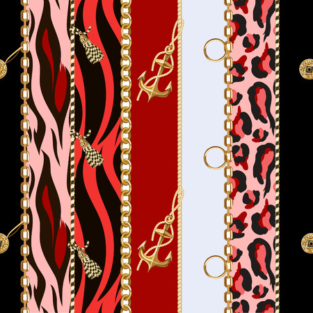 Seamless pattern with chains, anchor, coins on leopard and zebra background.のイラスト素材