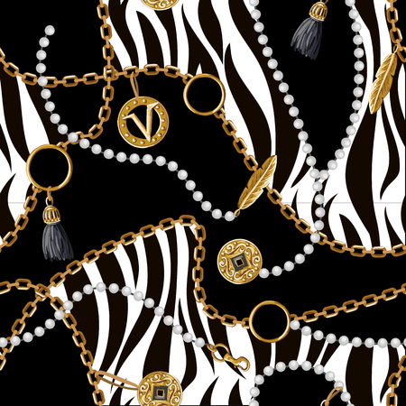 Seamless pattern with chains, anchor, coins on zebra background.のイラスト素材