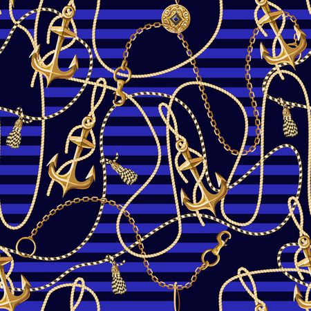 Seamless pattern with gold anchor, coins and chains for fabric design. Vectorのイラスト素材