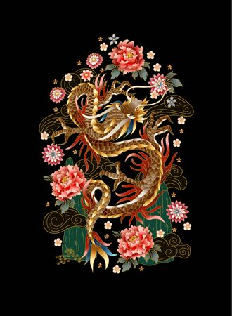 Chinese traditional dragon, peonies and sakura. vector.のイラスト素材
