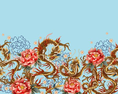 Border with Chinese traditional dragon, peonies and sakura. vector.のイラスト素材