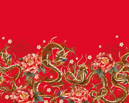 Border with Chinese traditional dragon, peonies and sakura. vector.のイラスト素材